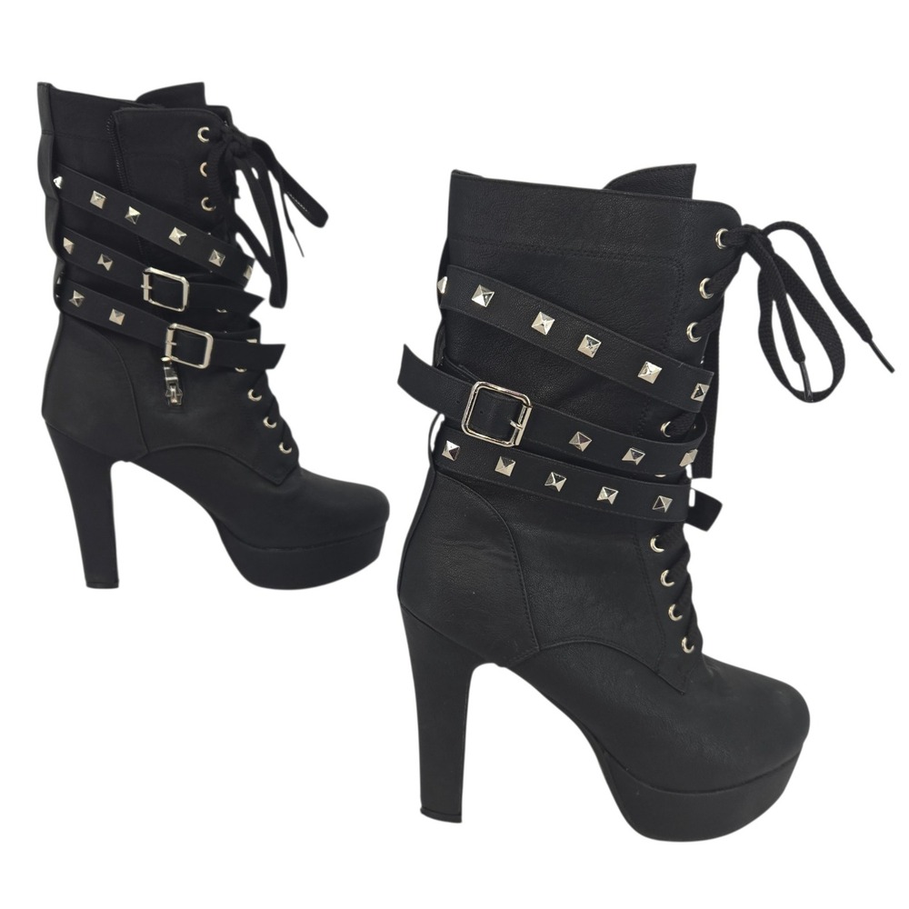 Unbranded Platform Ankle Boots Size 40 Black Studded Strappy Goth Punk Halloween